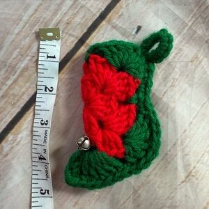 Vintage  Crocheted Christmas Stocking  Ornament Green White  Red Jingle Bell